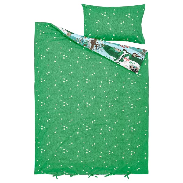 SKOGSDUVA duvet cover and pillowcase, blue green/forest pattern, 150x200/50x80 cm