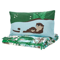 SKOGSDUVA duvet cover and pillowcase, blue green/forest pattern, 150x200/50x80 cm