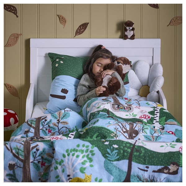 SKOGSDUVA duvet cover and pillowcase, blue green/forest pattern, 150x200/50x80 cm