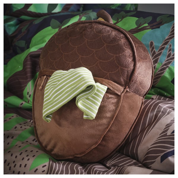 SKOGSDUVA cushion with pocket, acorn shaped/brown, 32x37 cm