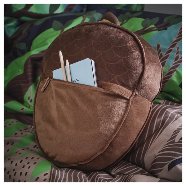 SKOGSDUVA cushion with pocket, acorn shaped/brown, 32x37 cm