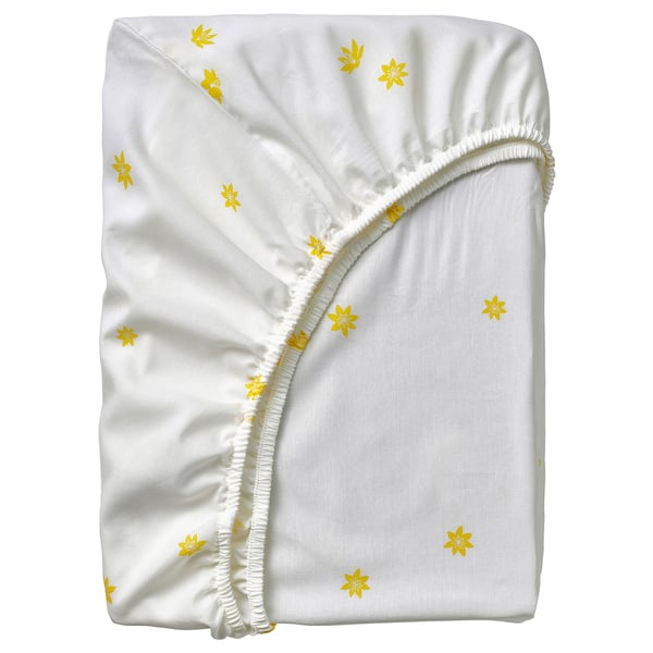 SKOGSDUVA fitted sheet, white yellow/flower pattern, 90x200 cm