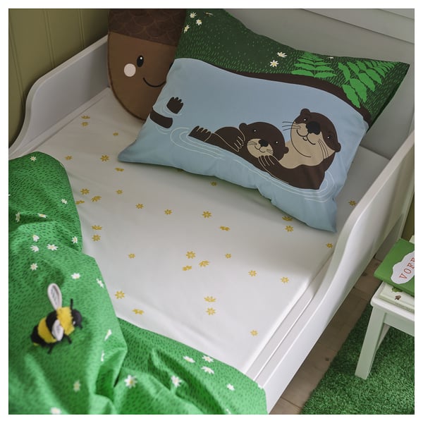 SKOGSDUVA fitted sheet, white yellow/flower pattern, 90x200 cm