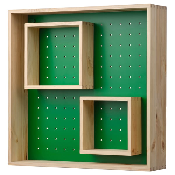 SKOGSMOSAIK display shelf, pine/green, 45x45 cm