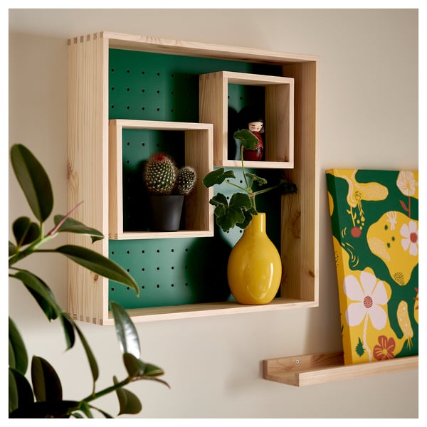 SKOGSMOSAIK display shelf, pine/green, 45x45 cm