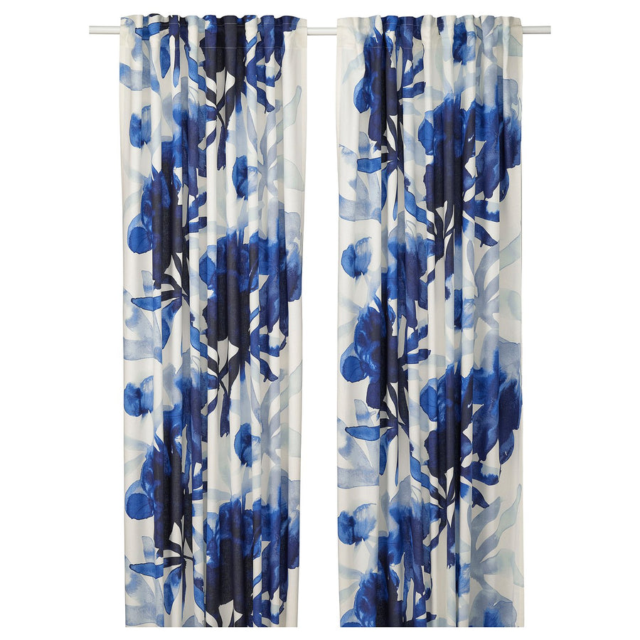 SKOGSNÄSSLA curtains, 1 pair, white/blue floral pattern/with heading tape, 300x145 cm