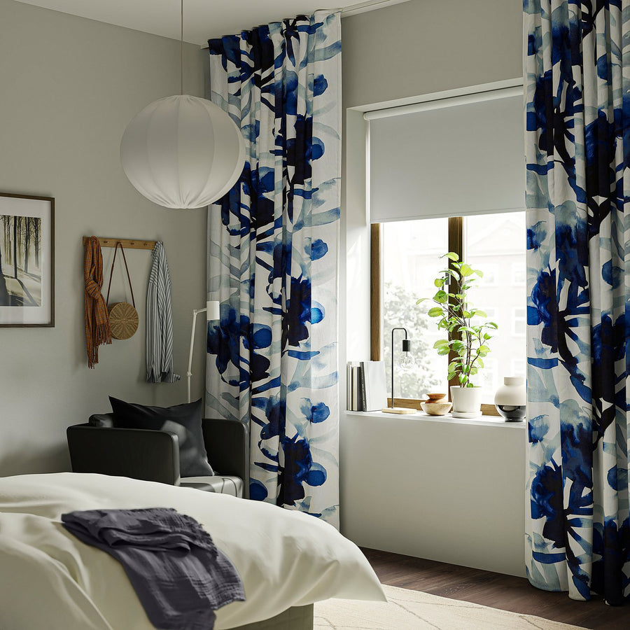 SKOGSNÄSSLA curtains, 1 pair, white/blue floral pattern/with heading tape, 300x145 cm