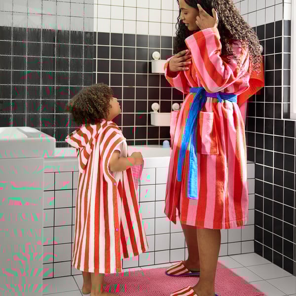 SKOGSSALLAT bath robe, red-pink/striped, S/M