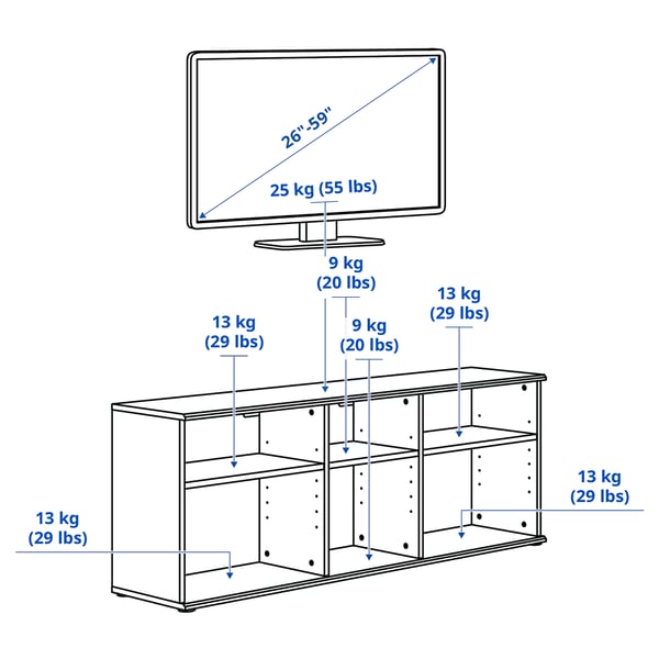 SKRUVBY TV bench, black-blue, 156x38x60 cm