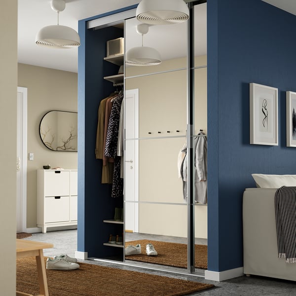 SKYTTA / AULI sliding door combination, aluminium/mirror glass, 152x240 cm