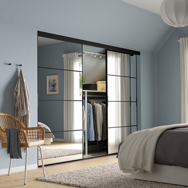 SKYTTA / AULI sliding door combination, black/mirror glass, 276x205 cm