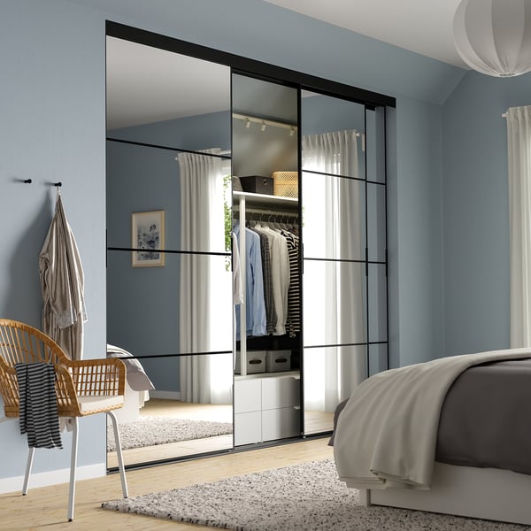 SKYTTA / AULI sliding door combination, black/mirror glass, 276x240 cm