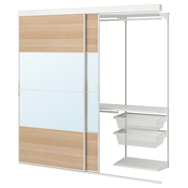 SKYTTA / BOAXEL reach-in wardrobe with sliding door, white Mehamn/Auli/white stained oak effect mirror glass, 202x65x205 cm