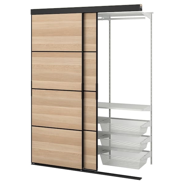 Ikea SKYTTA / BOAXEL - Reach-in wardrobe with sliding door, black double sided/Mehamn white stained oak effect, 152x65x205 cm