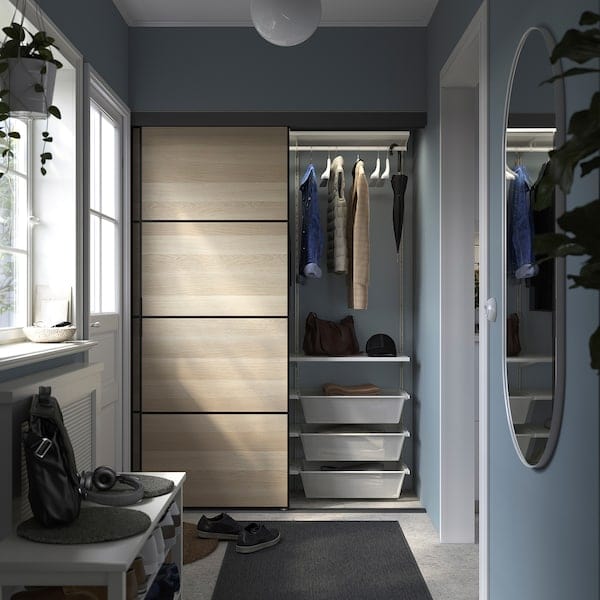 Ikea SKYTTA / BOAXEL - Reach-in wardrobe with sliding door, black double sided/Mehamn white stained oak effect, 152x65x205 cm