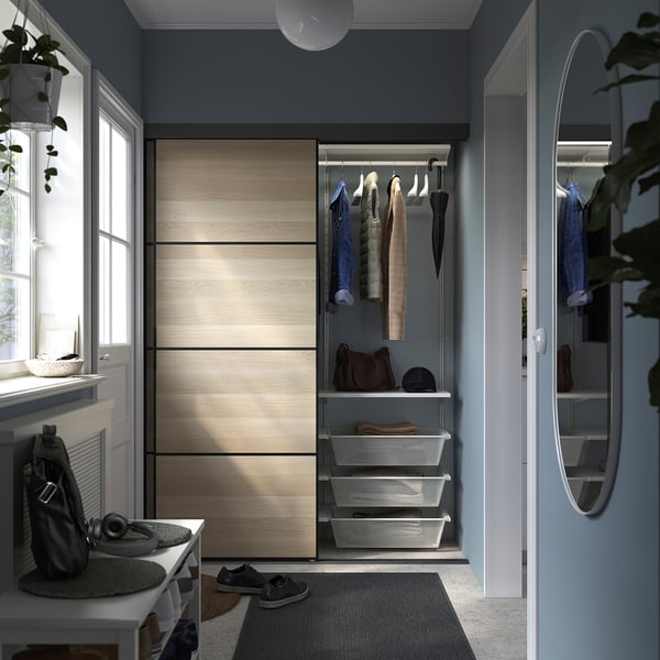 SKYTTA / BOAXEL reach-in wardrobe with sliding door, black double sided/Mehamn white stained oak effect, 152x65x205 cm