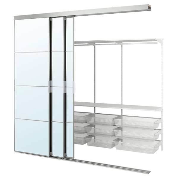 SKYTTA / BOAXEL walk-in wardrobe with sliding doors, aluminium/Auli mirror glass, 251x115x240 cm