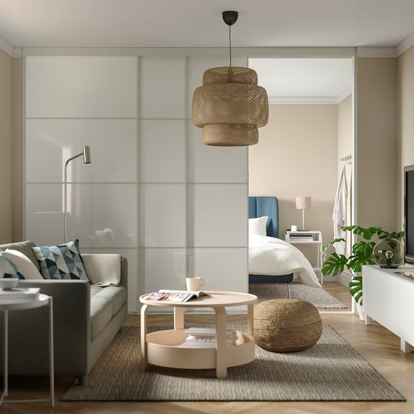 SKYTTA / FÄRVIK sliding door combination, white/white glass, 301x240 cm