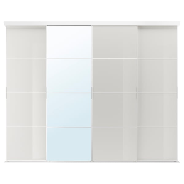 SKYTTA / HOKKSUND/AULI sliding door combination, aluminium/high-gloss light grey mirror glass, 301x240 cm