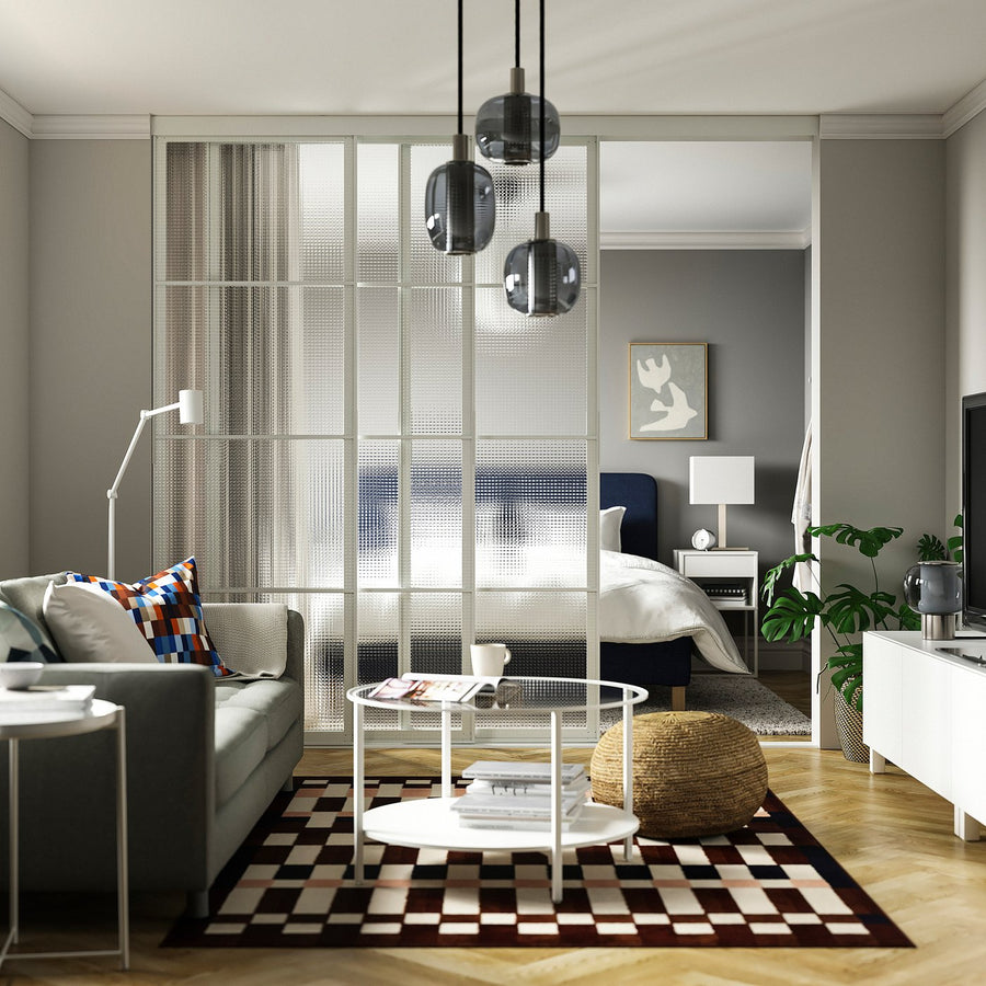 SKYTTA / LUNDBRÄSMA sliding door combination, white/checkered glass, 251x240 cm