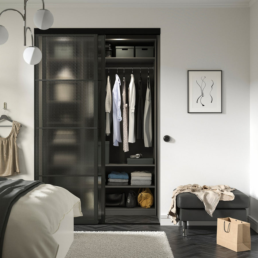 SKYTTA / LUNDBRÄSMA sliding door combination, black/checkered glass, 152x240 cm