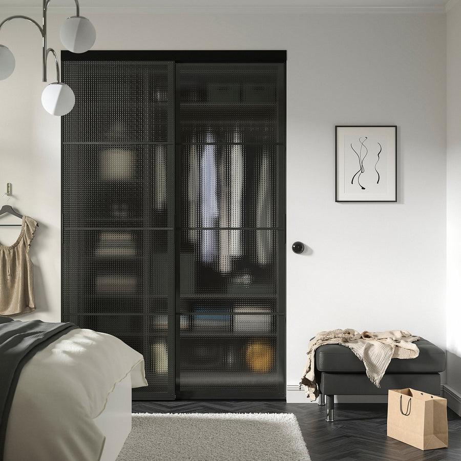SKYTTA / LUNDBRÄSMA sliding door combination, black/checkered glass, 152x240 cm