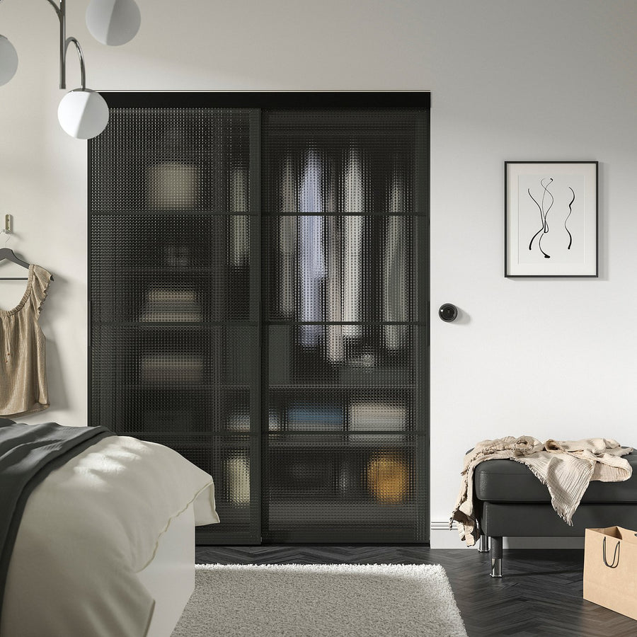 SKYTTA / LUNDBRÄSMA sliding door combination, black/checkered glass, 152x205 cm