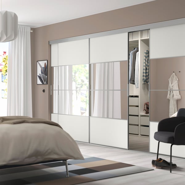 SKYTTA / MEHAMN/AULI sliding door combination, aluminium/white mirror glass, 351x205 cm