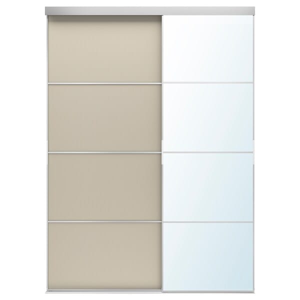 Ikea SKYTTA / MEHAMN/AULI - Sliding door combination, aluminium double sided/grey-beige mirror glass, 177x240 cm