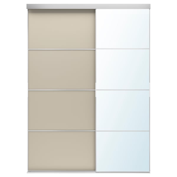 SKYTTA / MEHAMN/AULI sliding door combination, aluminium double sided/grey-beige mirror glass, 177x240 cm
