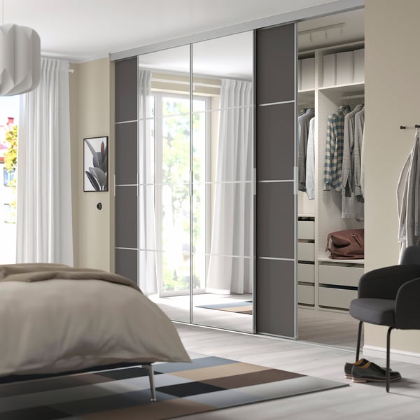 SKYTTA / MEHAMN/AULI sliding door combination, aluminium/dark grey mirror glass, 301x240 cm