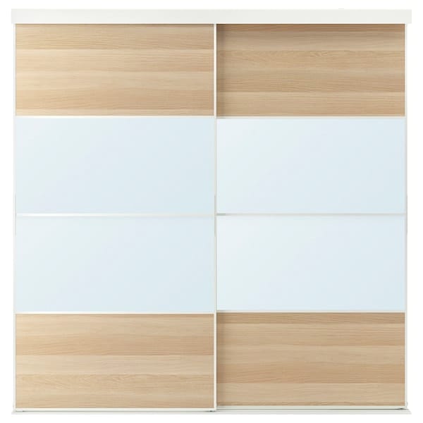 Ikea SKYTTA / MEHAMN/AULI - Sliding door combination, white/white stained oak effect mirror glass, 202x205 cm