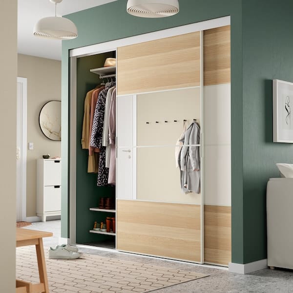 Ikea SKYTTA / MEHAMN/AULI - Sliding door combination, white/white stained oak effect mirror glass, 202x205 cm