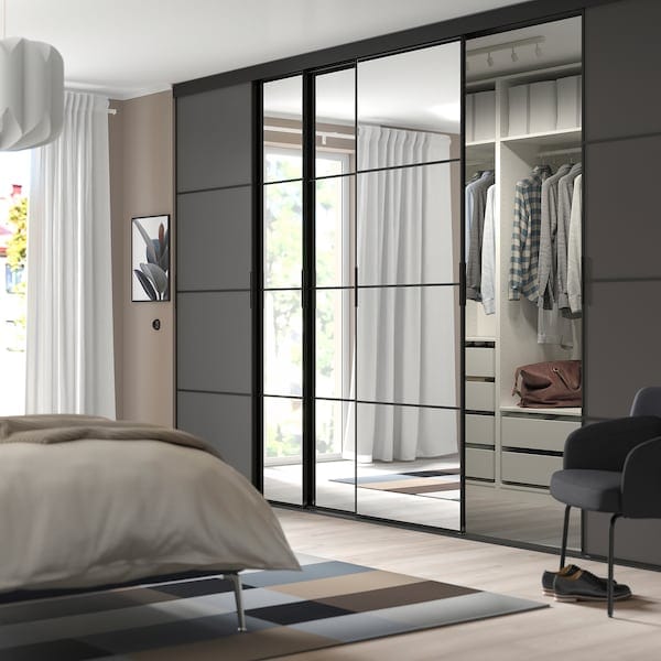 Ikea SKYTTA / MEHAMN/AULI - Sliding door combination, black/dark grey mirror glass, 376x240 cm