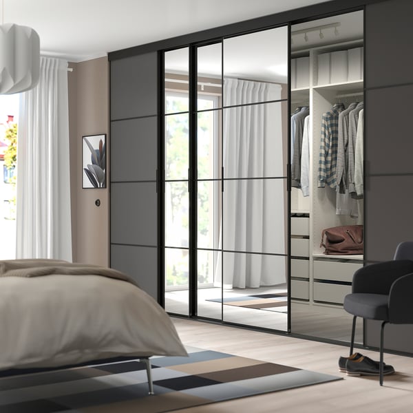SKYTTA / MEHAMN/AULI sliding door combination, black/dark grey mirror glass, 376x240 cm
