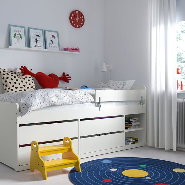 SLÄKT / NATTAPA bed frm w strg+guard rl+slat bd bse, white, 90x200 cm