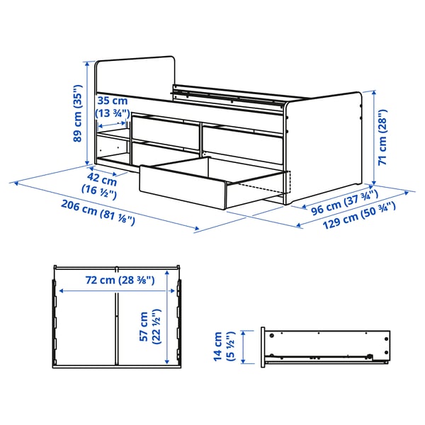 SLÄKT / NATTAPA bed frm w strg+guard rl+slat bd bse, white, 90x200 cm