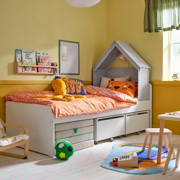 SLÄKT bed frame, incl bed accessory/grey, 90x200 cm