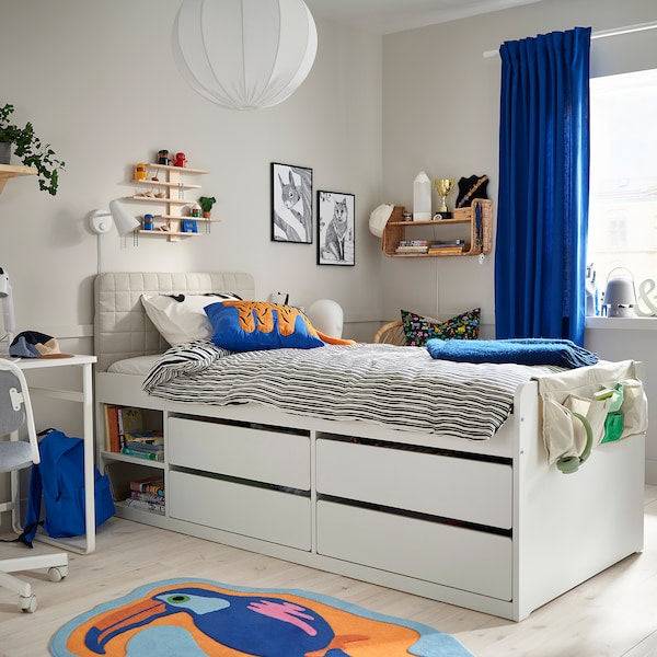 SLÄKT bed frame with storage, incl headboard/Vissle beige, 90x200 cm