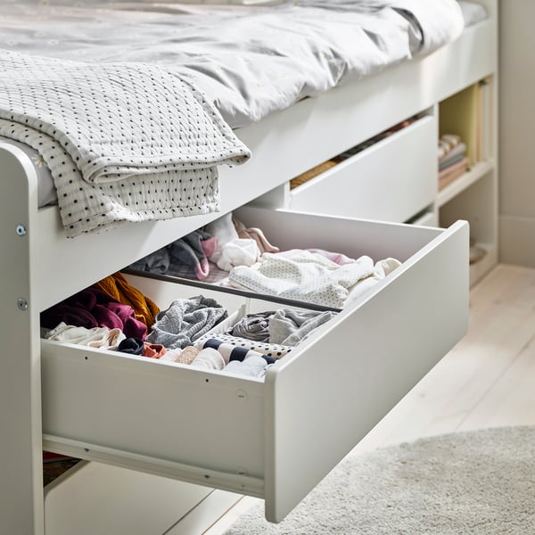SLÄKT bed frame with storage, incl headboard/Vissle beige, 90x200 cm