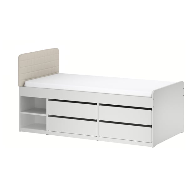 SLÄKT bed frame with storage, incl headboard/Vissle beige, 90x200 cm