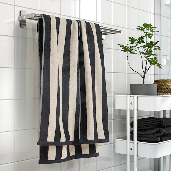 Ikea SLÅNHÖSTMAL - Bath towel, black/light beige striped, 70x140 cm