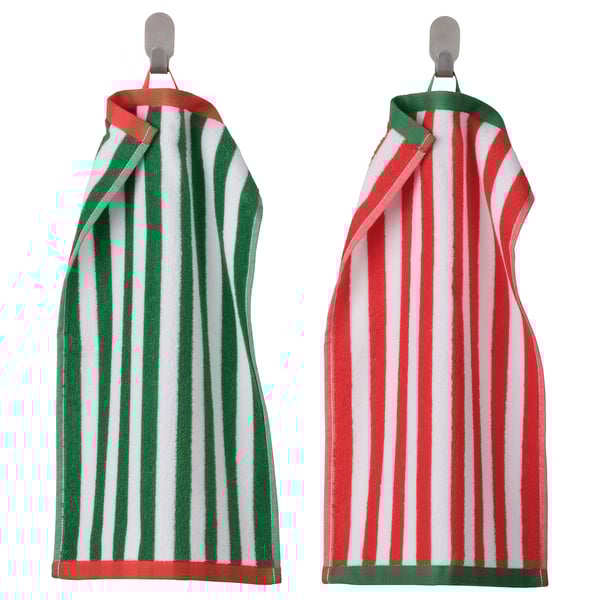 SLÅNHÖSTMAL guest towel, green/white/red, 50x30 cm, 2 pack