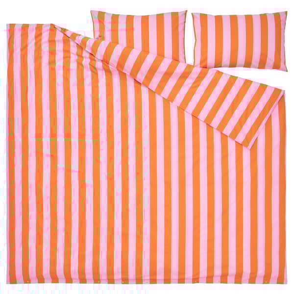 SLÅNHÖSTMAL duvet cover and 2 pillowcases, orange/pink/striped, 240x220/50x80 cm