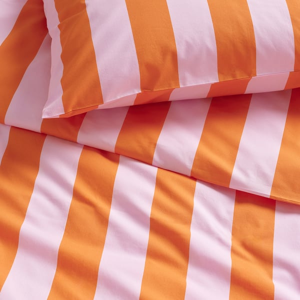 SLÅNHÖSTMAL duvet cover and 2 pillowcases, orange/pink/striped, 240x220/50x80 cm
