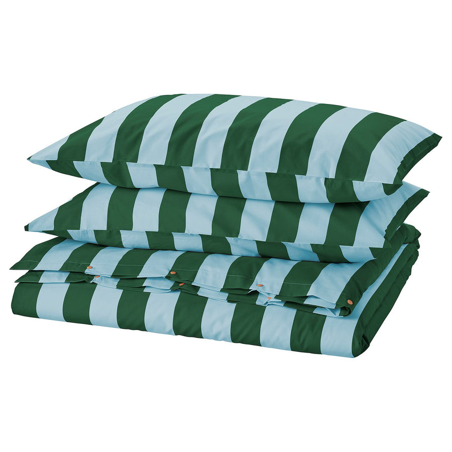 SLÅNHÖSTMAL duvet cover and 2 pillowcases, light blue dark green/stripe, 240x220/50x80 cm