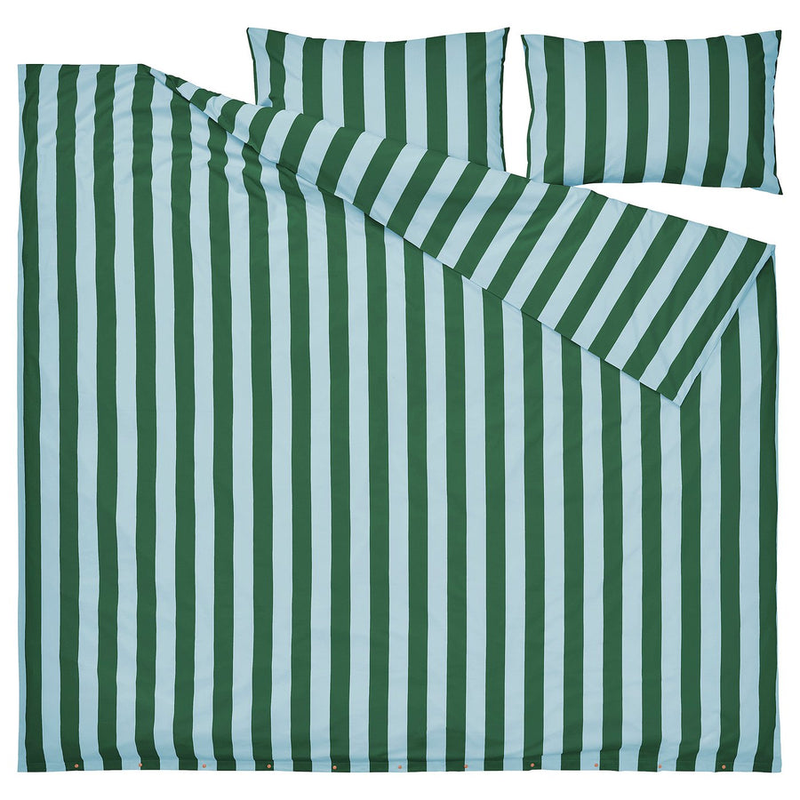 SLÅNHÖSTMAL duvet cover and 2 pillowcases, light blue dark green/stripe, 240x220/50x80 cm