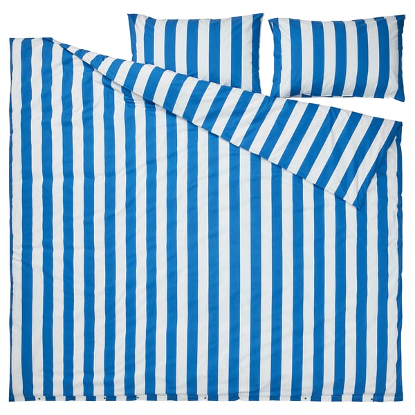 SLÅNHÖSTMAL duvet cover and 2 pillowcases, blue/white/striped, 240x220/50x80 cm