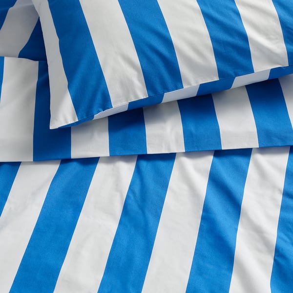 SLÅNHÖSTMAL duvet cover and 2 pillowcases, blue/white/striped, 240x220/50x80 cm