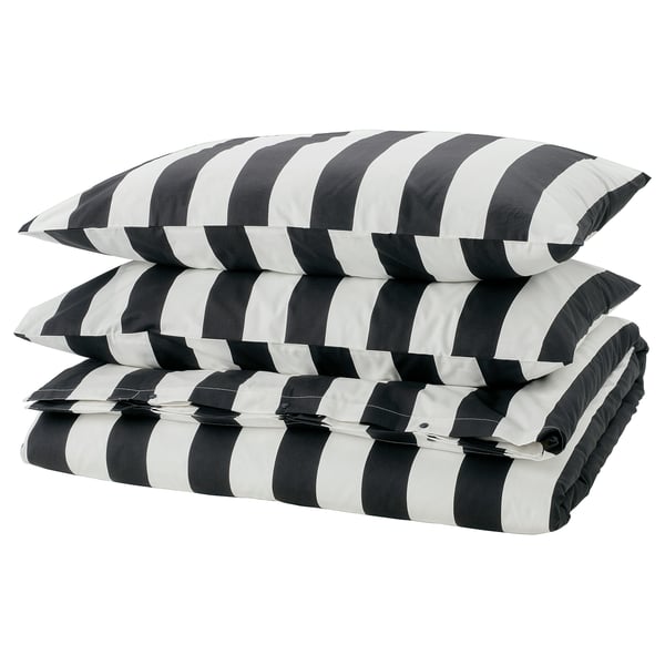 SLÅNHÖSTMAL duvet cover and 2 pillowcases, black/white/striped, 240x220/50x80 cm